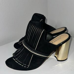 Gianni Bini Suade Fringe and Metallic Block Heel